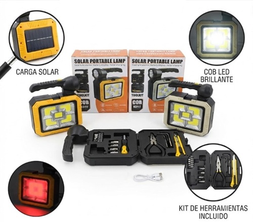 Linterna + Cob y Herramientas Carga USB y Solar 83117ii