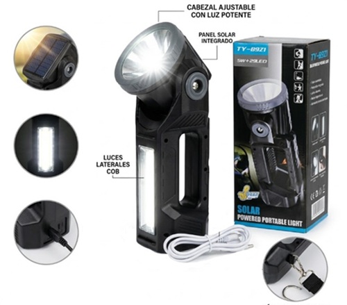 Linterna + Luz Multifuncion Carga USB y Solar 8921Kii