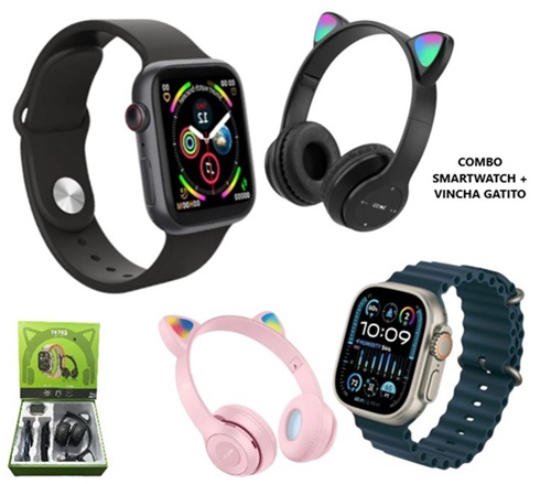 Kit Reloj Inteligente + Auricular BT Gatito Iluminado TK702ii